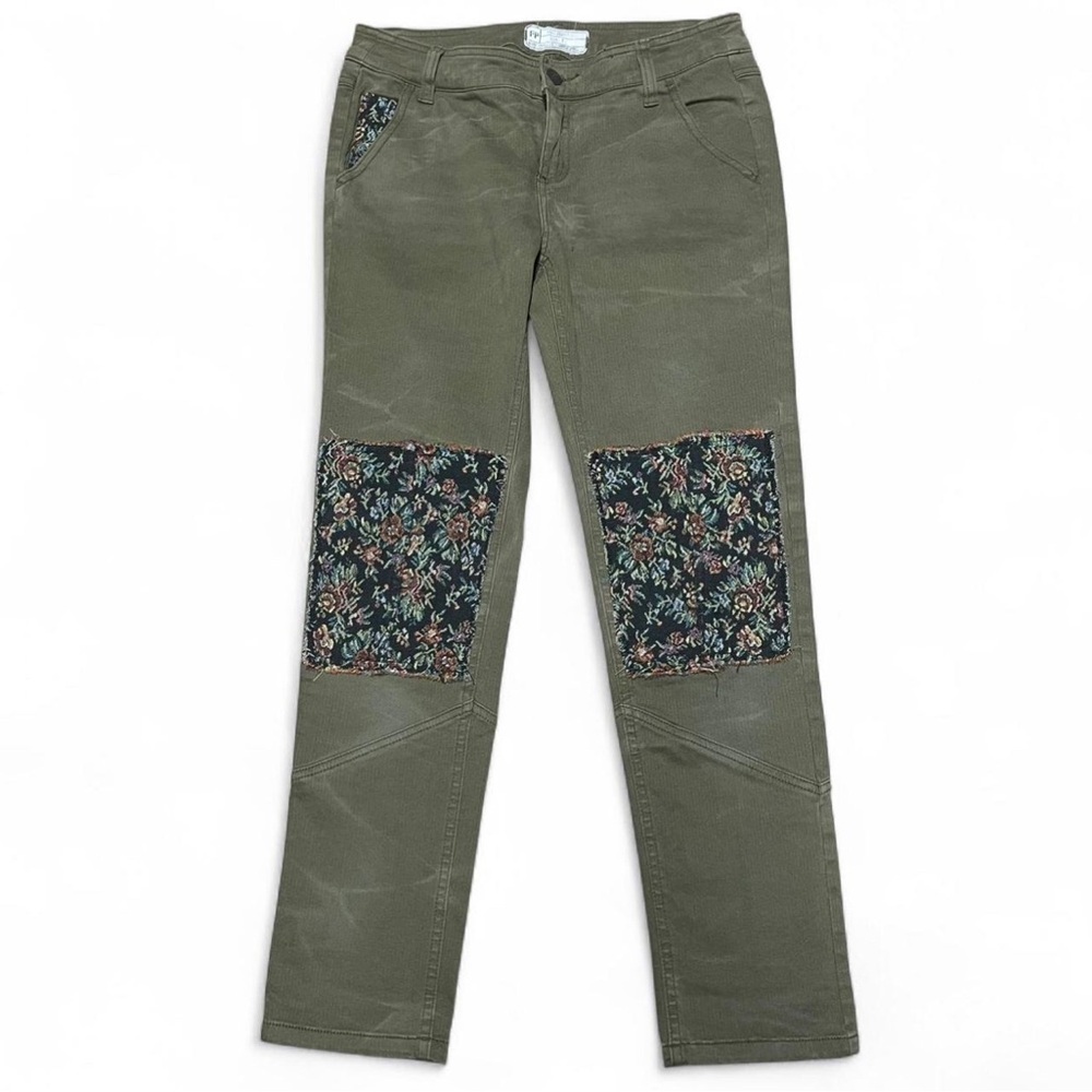 Free People Womens Skinny Pants Size 2 Army Green Floral Knee Patches Stretch